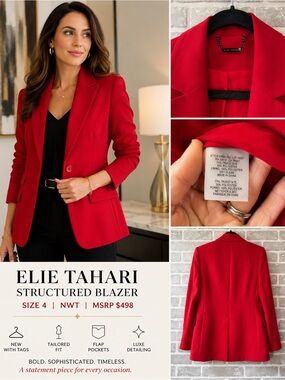 NWT Elie Tahari Red Structured Blazer Size 4 Designer Career Jacket MSRP $498